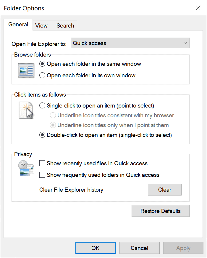 folder options turn off quick access