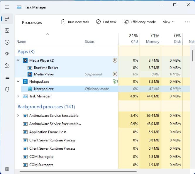 modalità di efficienza del task manager di Windows 11 e modalità sospesa