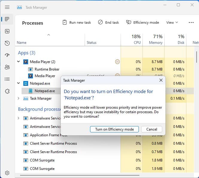 modalità di efficienza del task manager di Windows 11