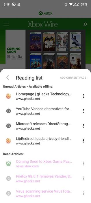 Vivaldi's Reading List feature is now available in the latest snapshot for Android devices