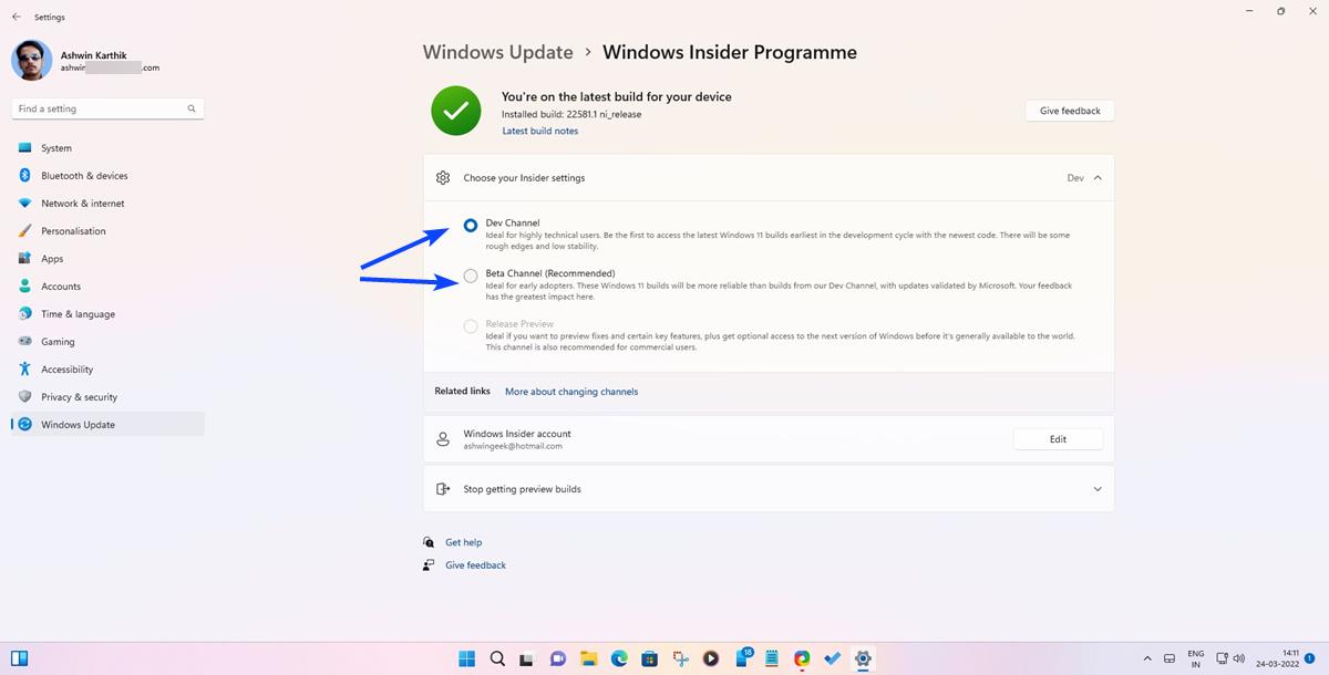 Windows 11 Insider Preview Build 22581 lets users switch from the Dev to Beta Channel for a limited time