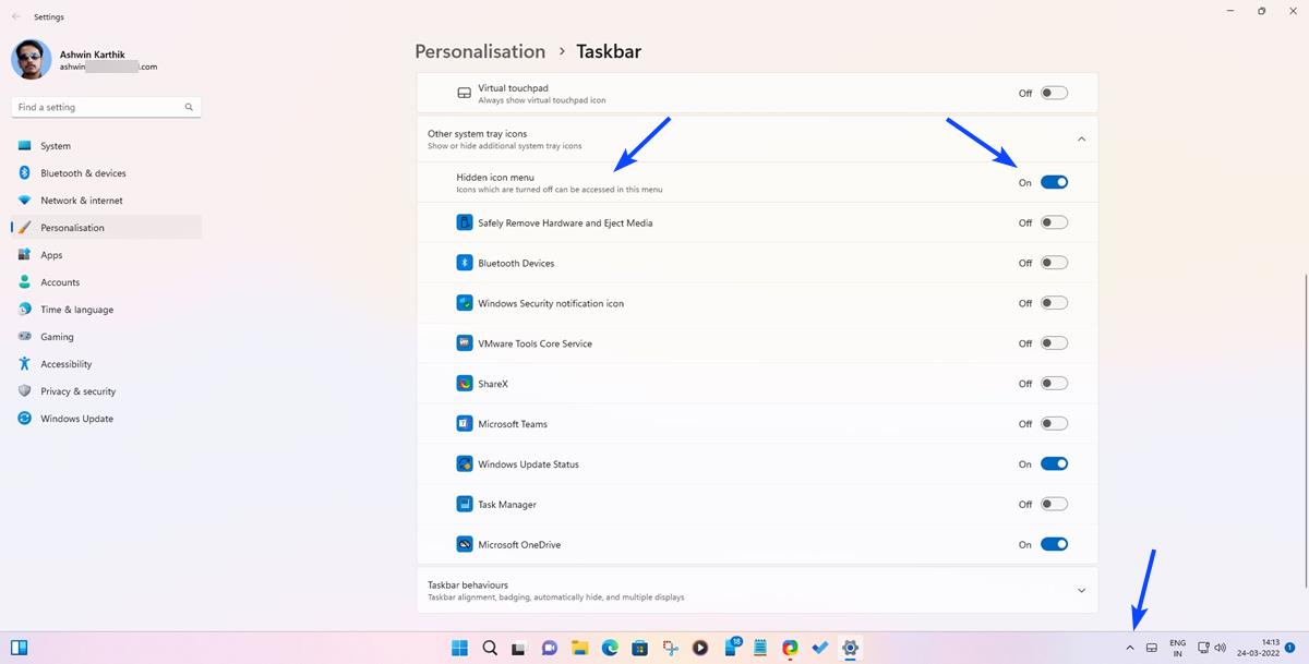 Windows 11 hide the hidden icons menu