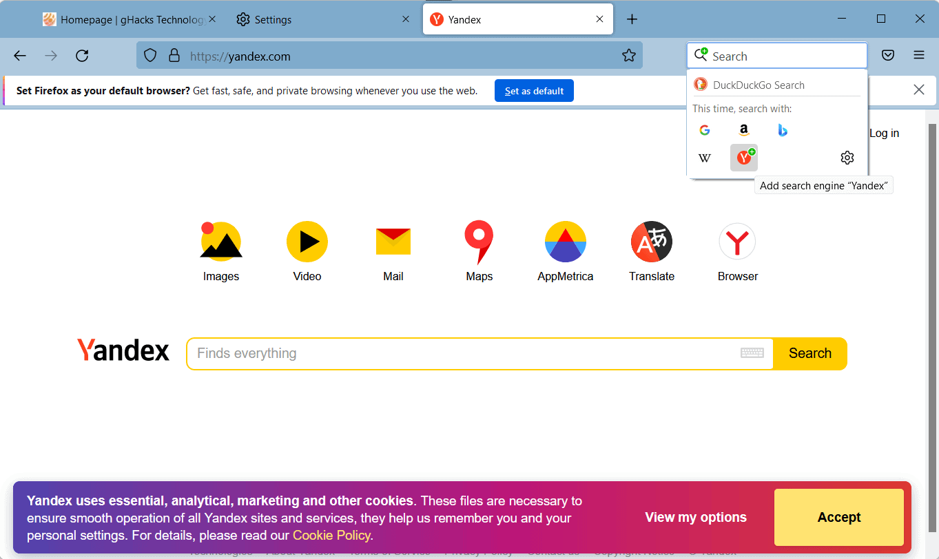Firefox 98.0.1 removes Yandex Search and Mail.ru search providers