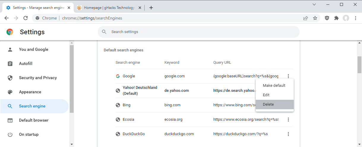 chrome remove default search engine