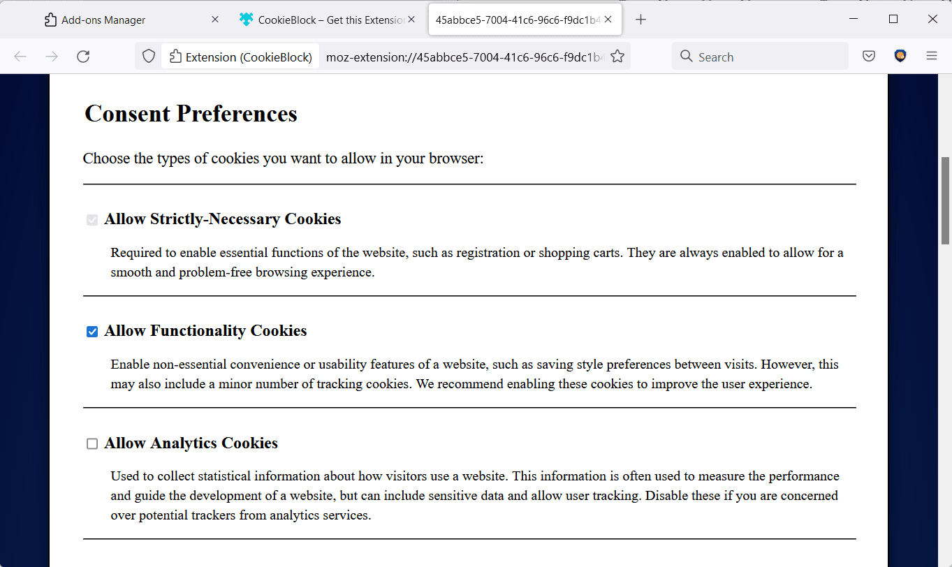 cookie consent cookie blocker preferences