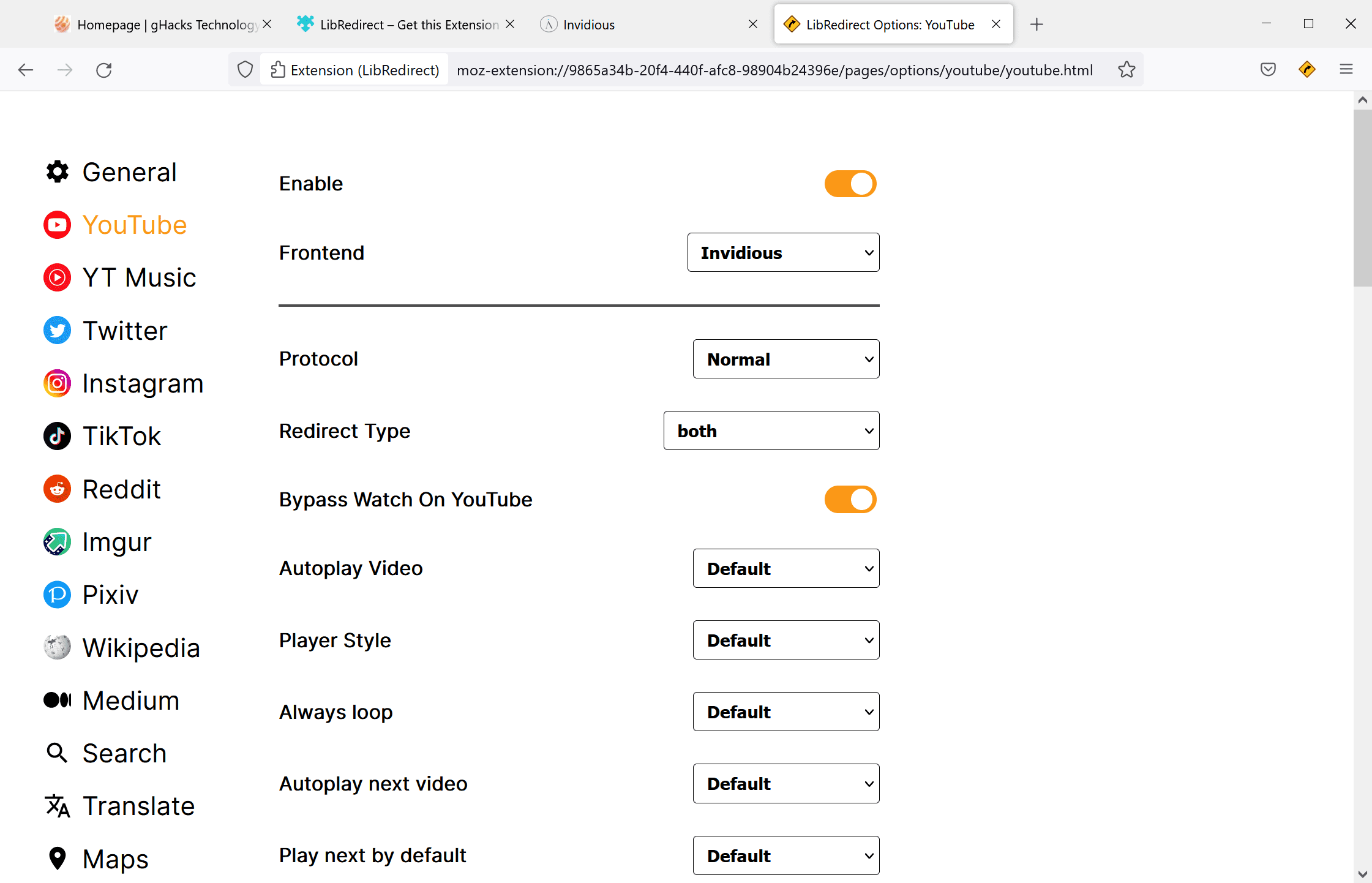 libredirect preferences youtube