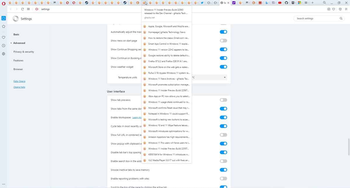 elenco di schede del browser opera