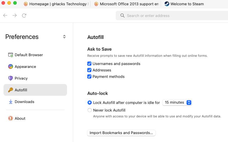 DuckDuckGo for Mac - autofill settings