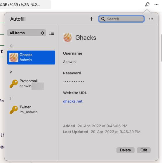 DuckDuckGo per Mac - riempimento automatico dell'interfaccia utente