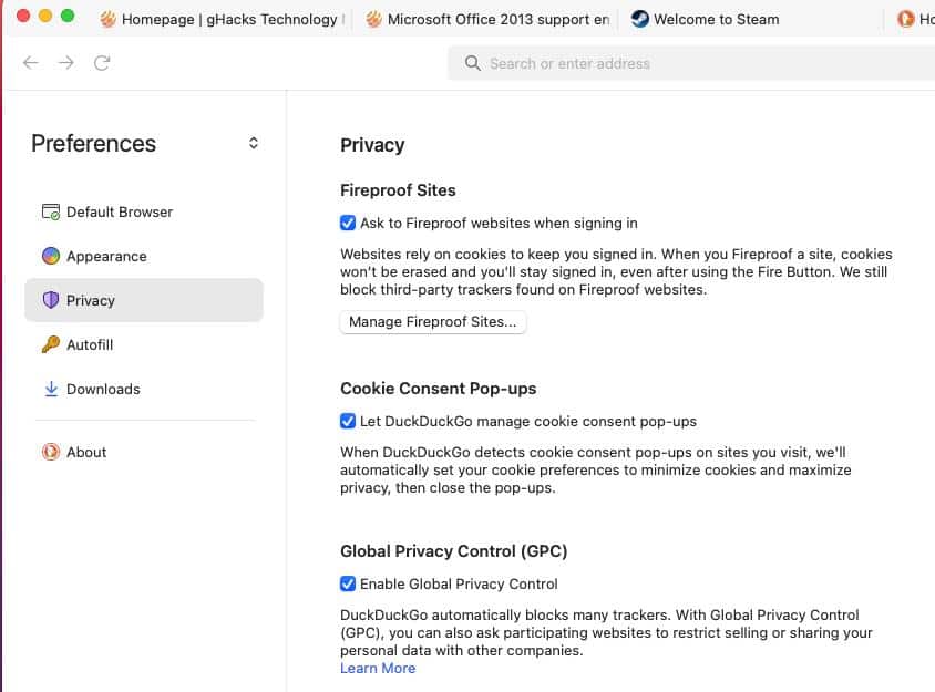 DuckDuckGo for Mac - privacy settings