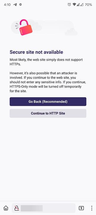 Firefox for Android blocks HTTP page