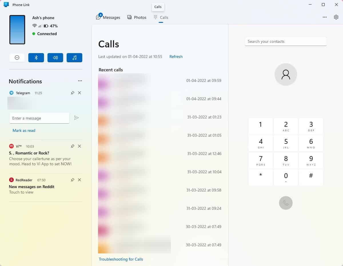 App Microsoft Phone Link - Chiamate