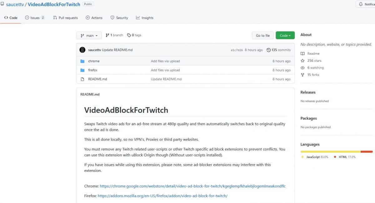 Video Ad-Block per l'estensione Twitch bandita da Chrome e Firefox per il reindirizzamento degli utenti e l'inserimento di link di riferimento