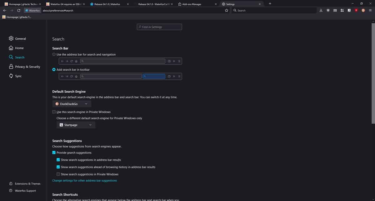 Waterfox G4.1.0 update sets Startpage as the default search engine for Private Tabs