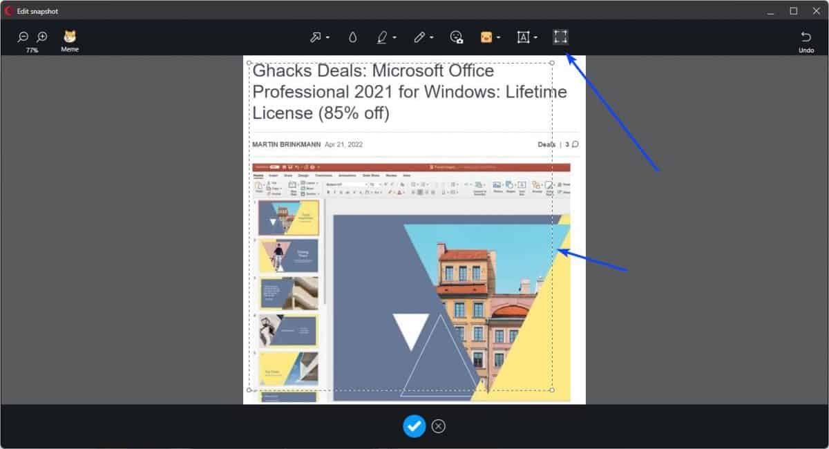 crop tool in opera browser snapshot editor