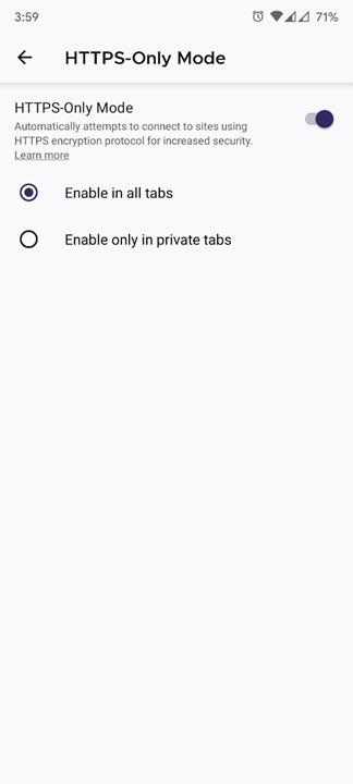 enable HTTP-Only mode in Firefox for Android