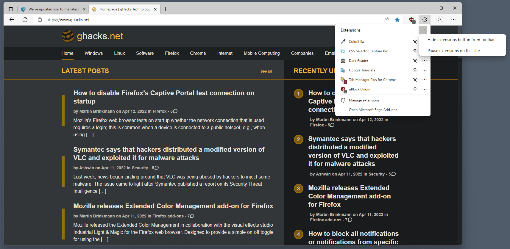 Microsoft Edge is getting an option to pause extensions on sites
