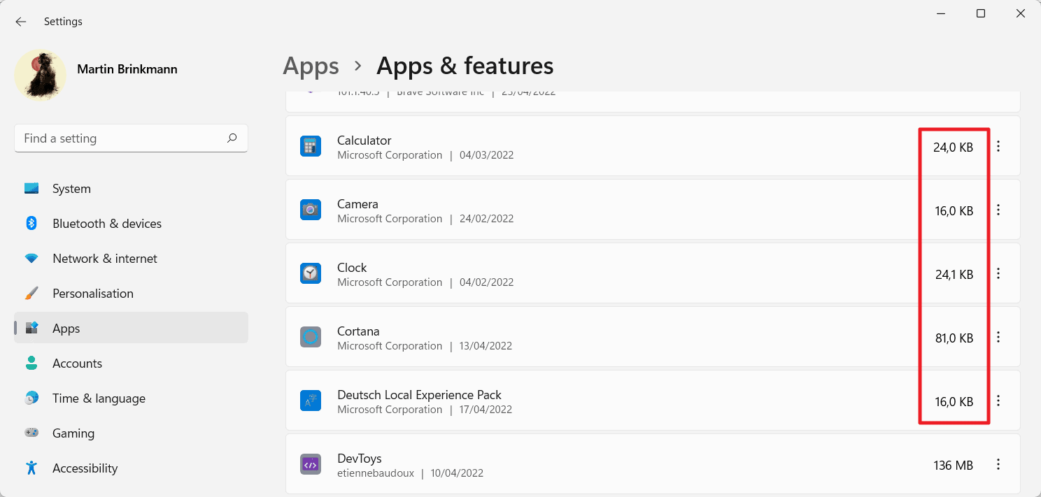 windows 11 app sizes