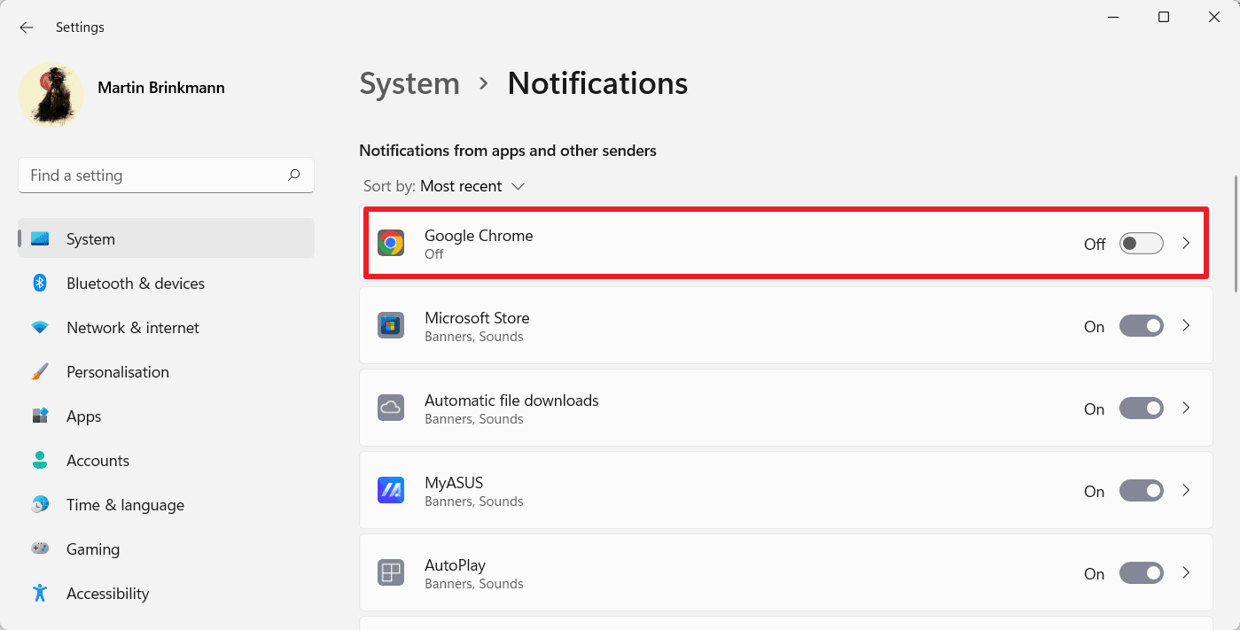 notifiche di Windows 11 disabilitate per l'app