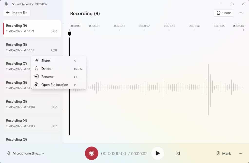 Sound Recorder app right-click menu