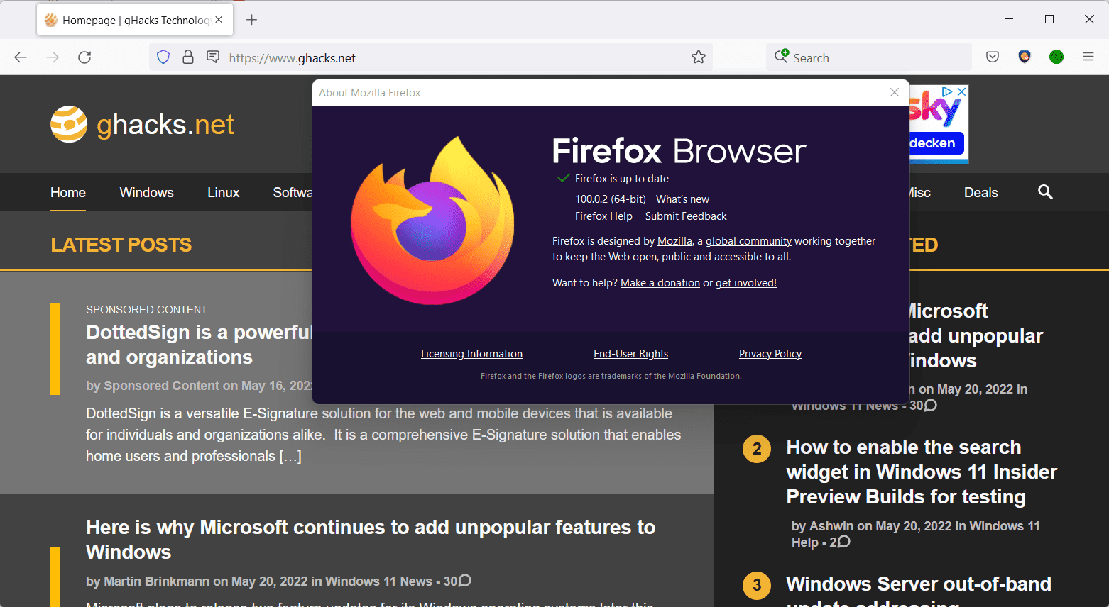 aggiornamento della sicurezza di Firefox 100.0.2