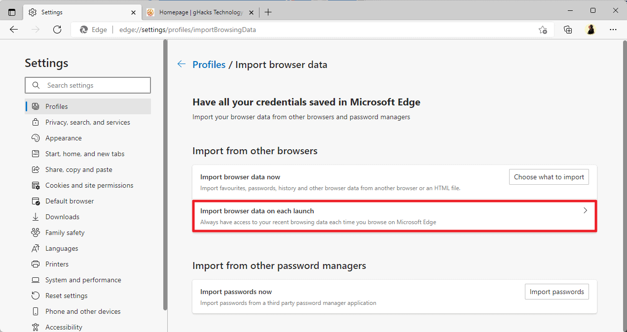 Microsoft Edge importe les données du navigateur à chaque lancement