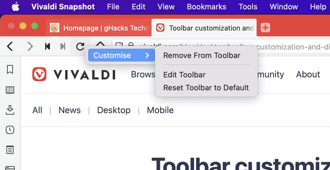 vivaldi customize edit toolbar