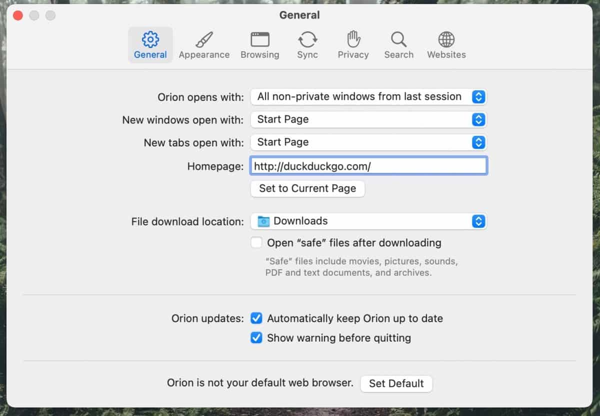 Orion browser settings