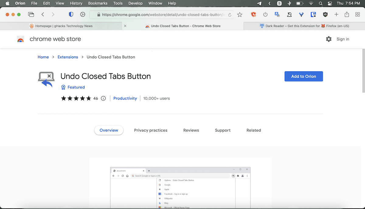 Installazione dell'estensione Chrome Orion