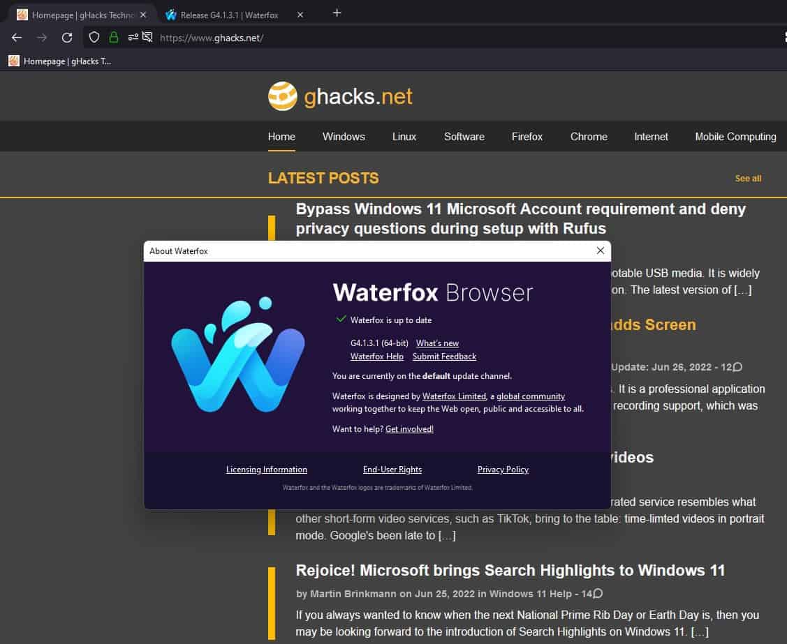 Waterfox G5 sera basé sur Firefox ESR 102 ;  les utilisateurs seront automatiquement mis à niveau à partir de G4