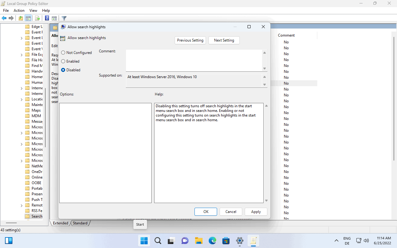group policy allow search highlights