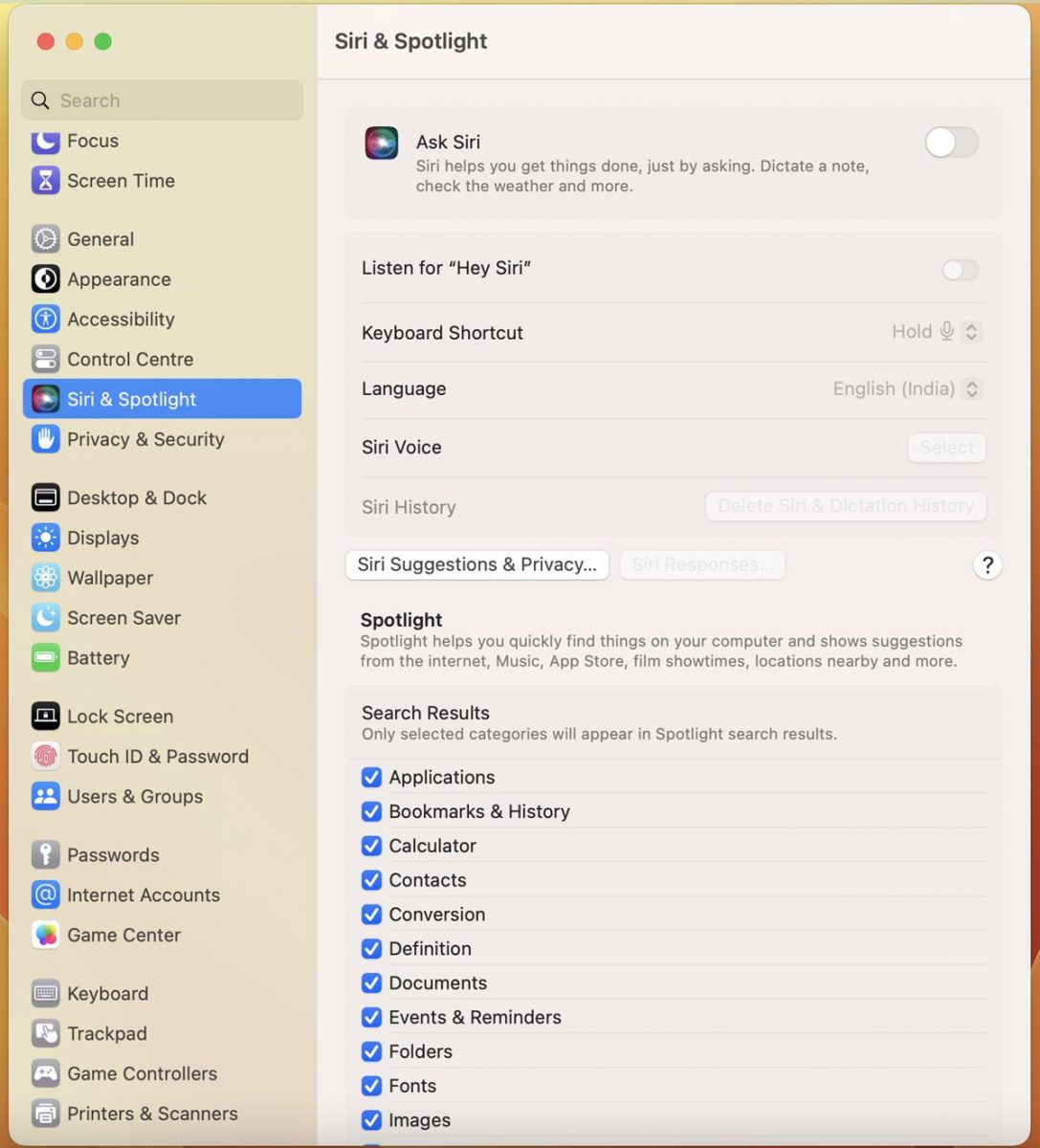macOS Ventura System Settings - Siri and Spotlight