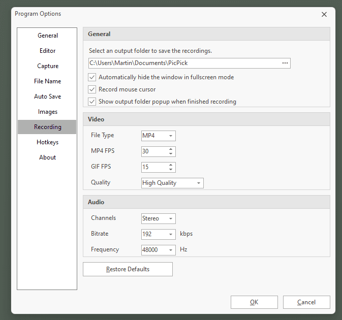 picpick screen recorder options