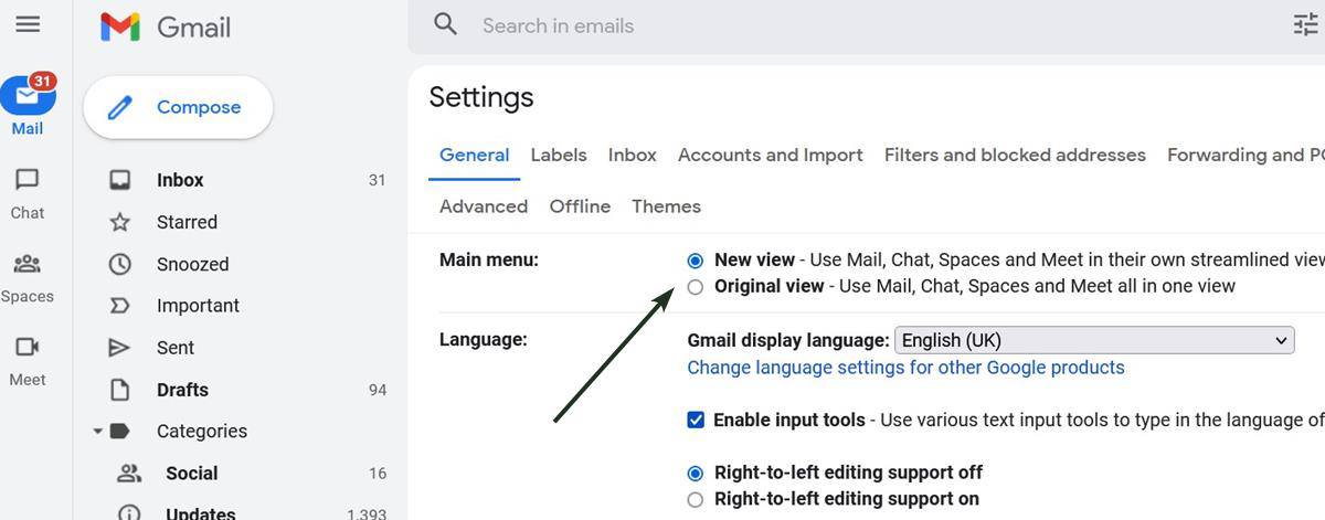 switch to gmail new view or original view