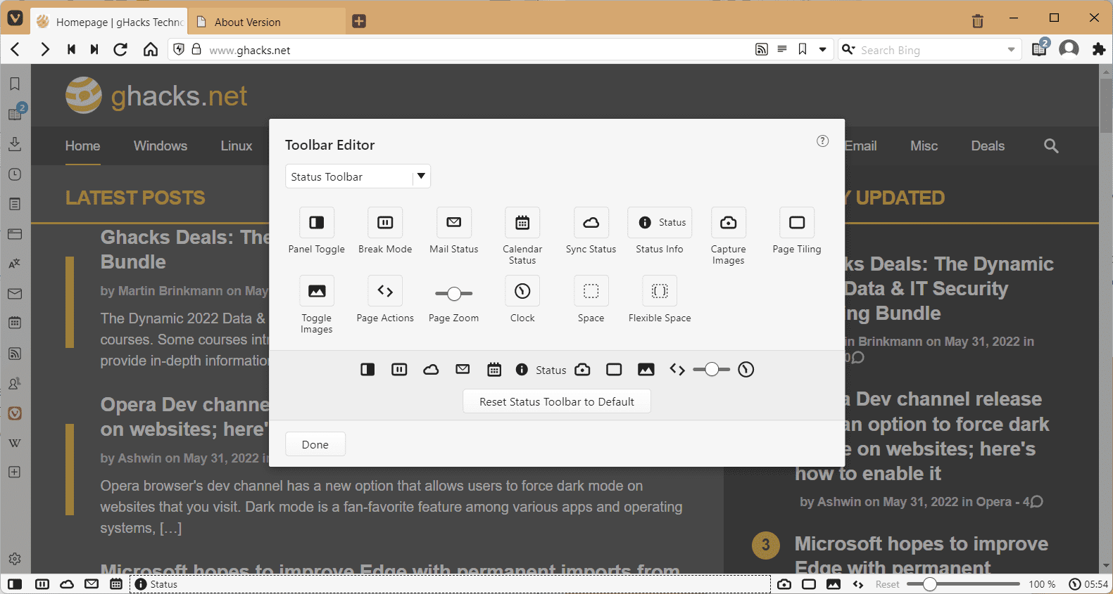 Vivaldi 5.3 comes with editable toolbars
