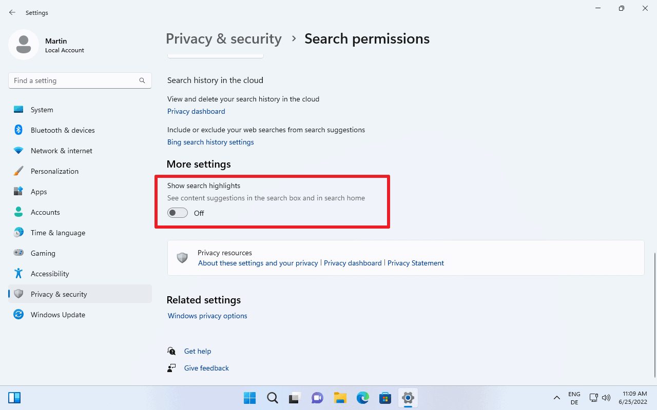 windows 11 disable search highlights