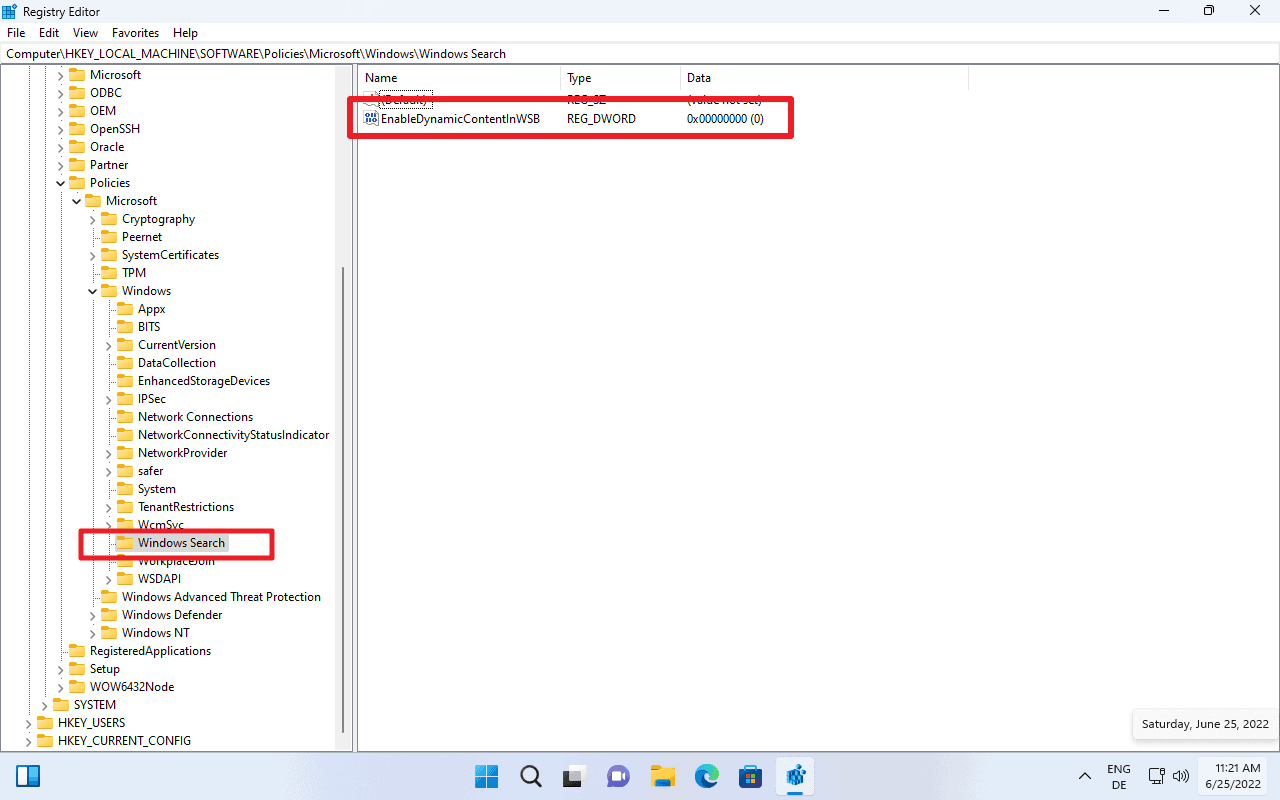 il registro di Windows 11 disattiva i punti salienti della ricerca