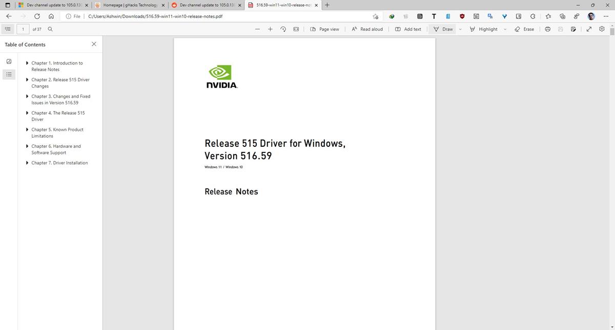 Microsoft Edge Dev PDF toolbar
