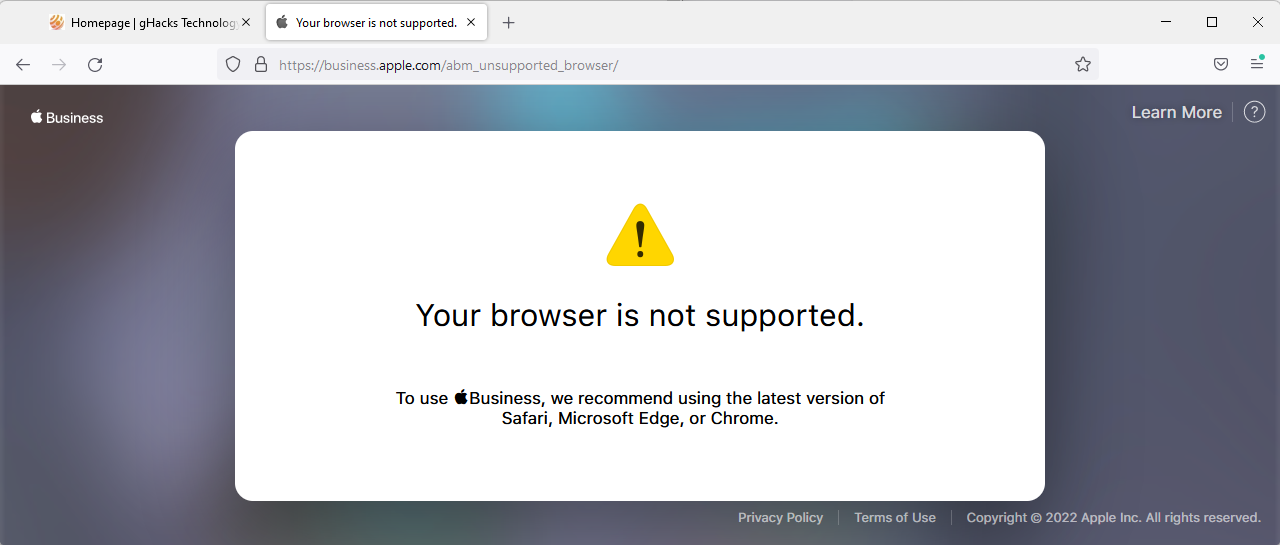 Apple's Business website is blocking Firefox. Here is how to gain access