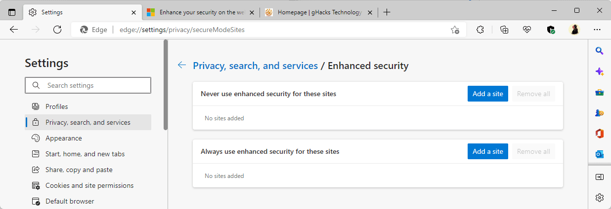 microsoft edge enhanced-security mode exceptions