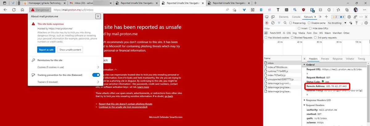 Microsoft Edge'is blocking ProtonMail's website