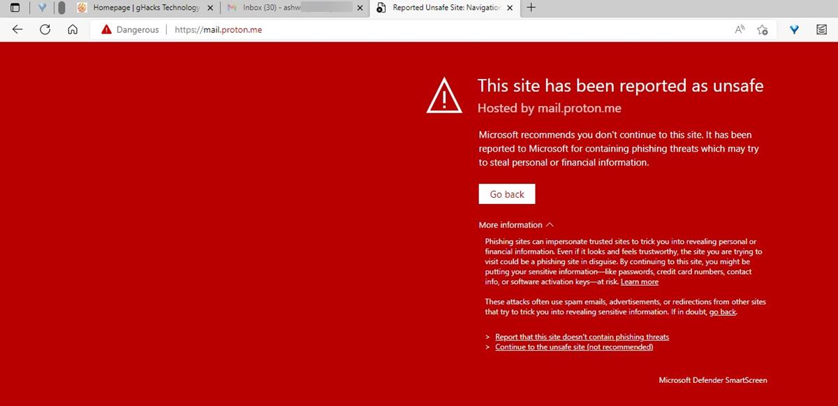 Microsoft Edge's SmartScreen is flagging ProtonMail's website as malicious