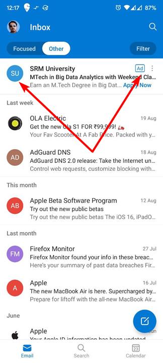 Ads in the Microsoft Outlook app for Android and iOS are getting worse