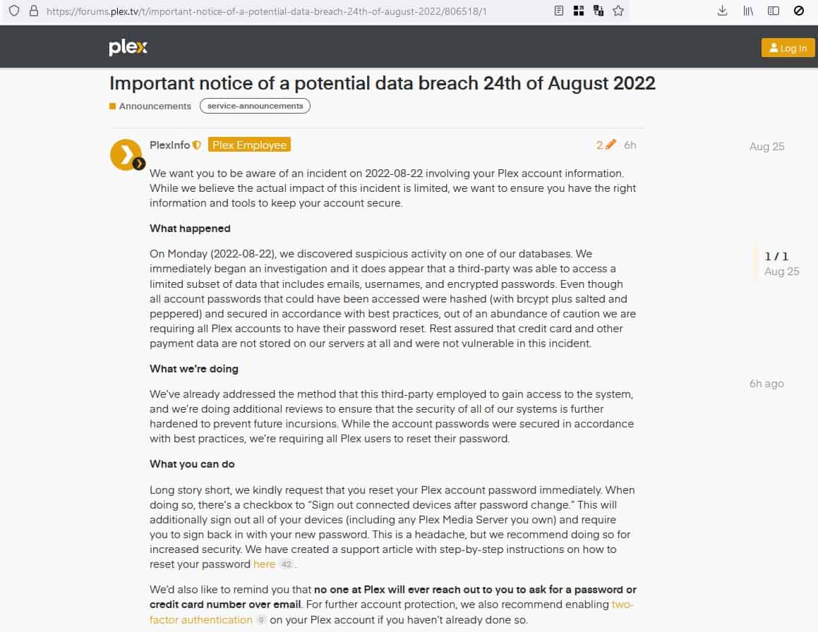 Plex warns users to change their passwords after a data breach