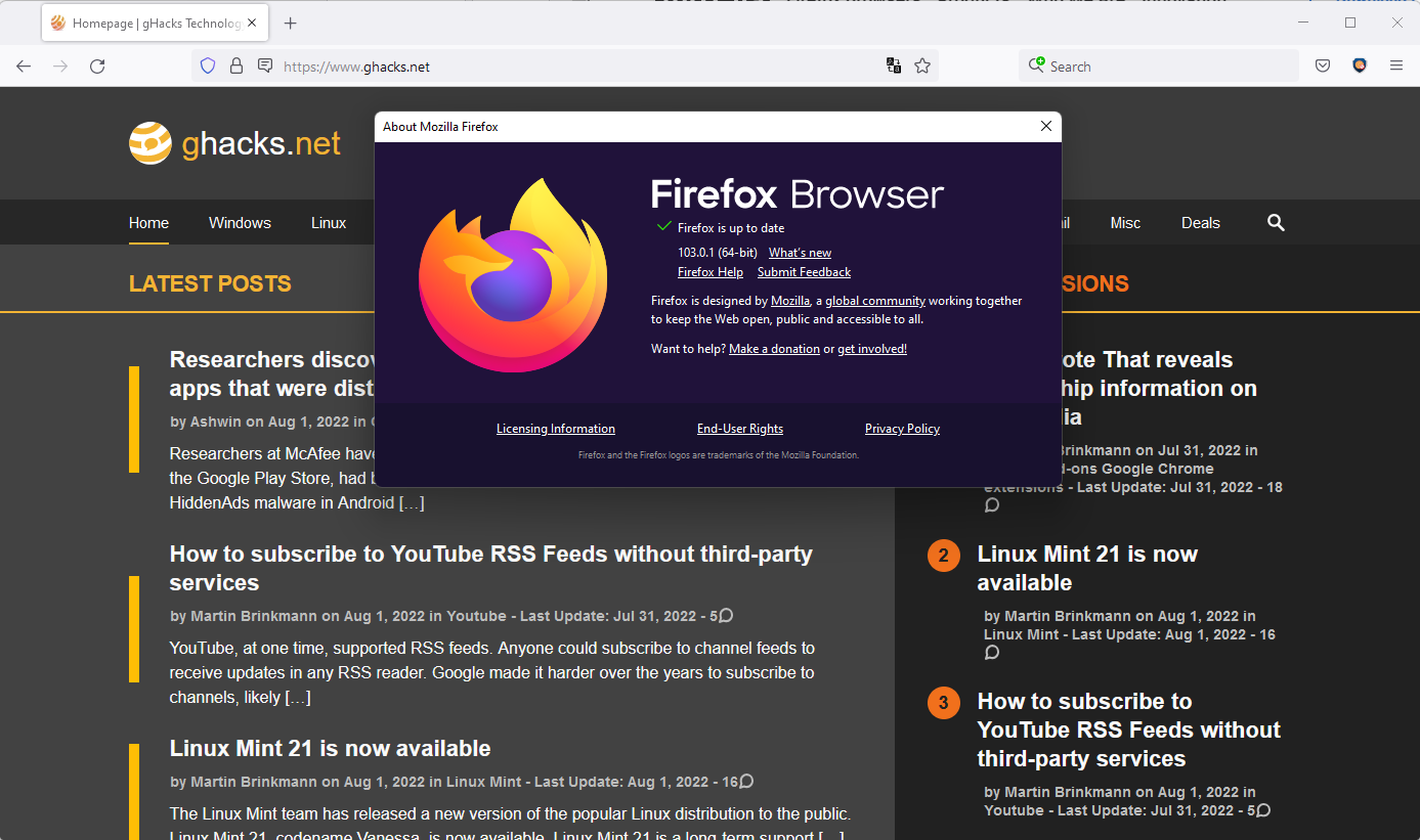 Mozilla Firefox 103.0.1 fixes a crash