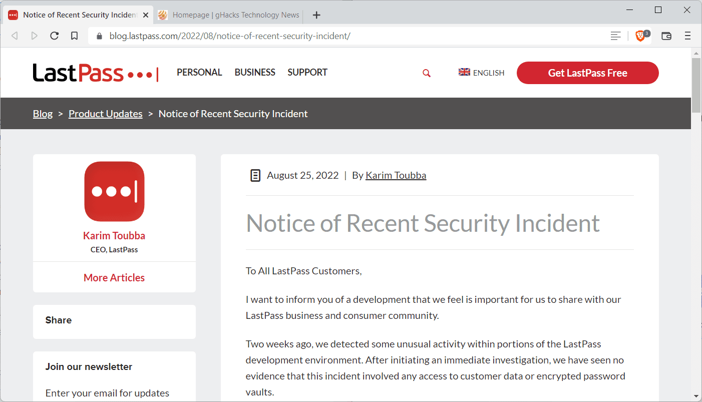 incidente di sicurezza lastpass agosto 2022