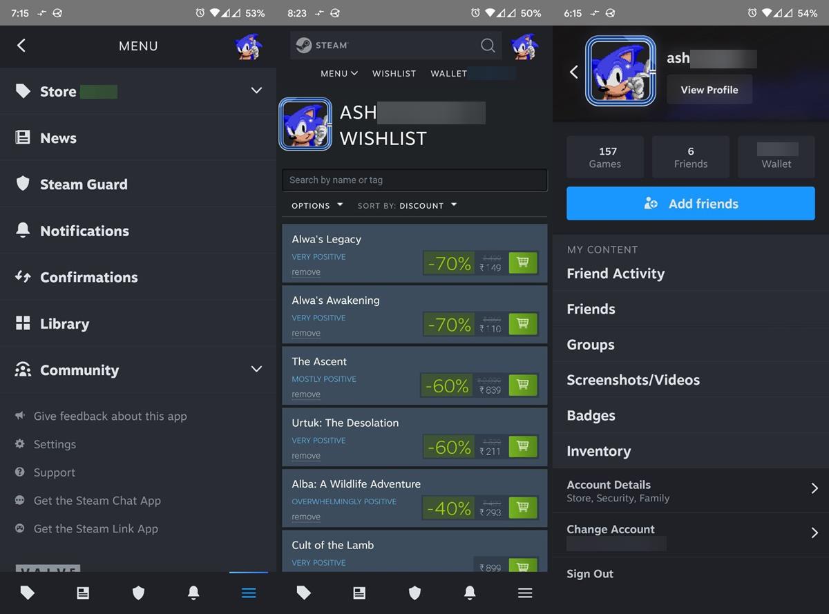 steam mobile app menu wishlist and profile
