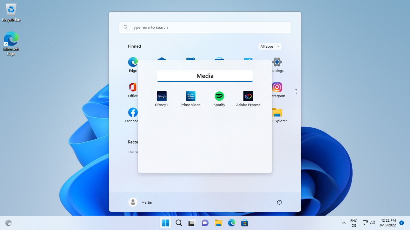 windows 11 start menu edit folder