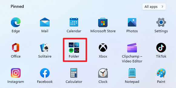 windows 11 start menu folder