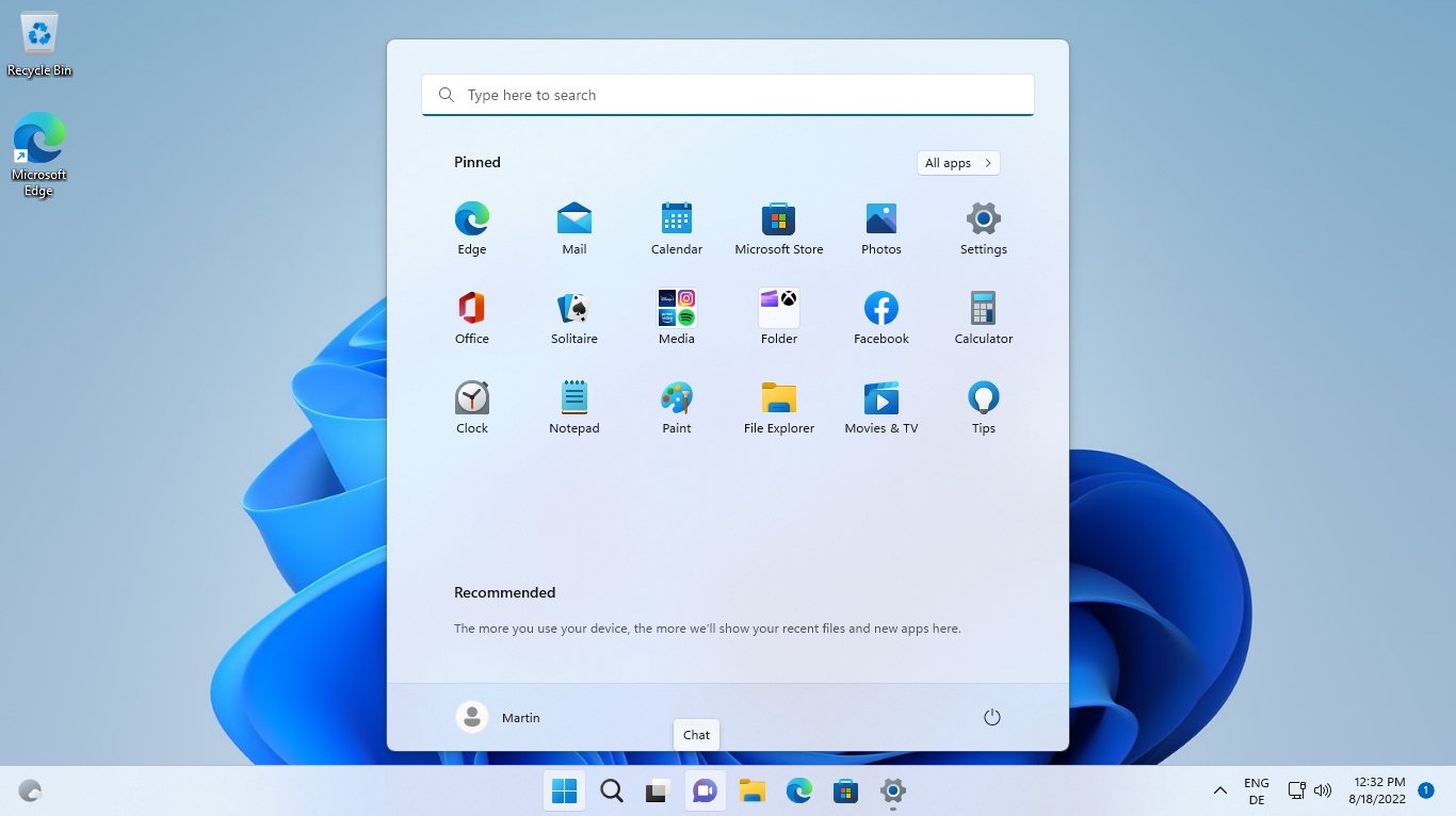 windows 11 start menu more pins layout